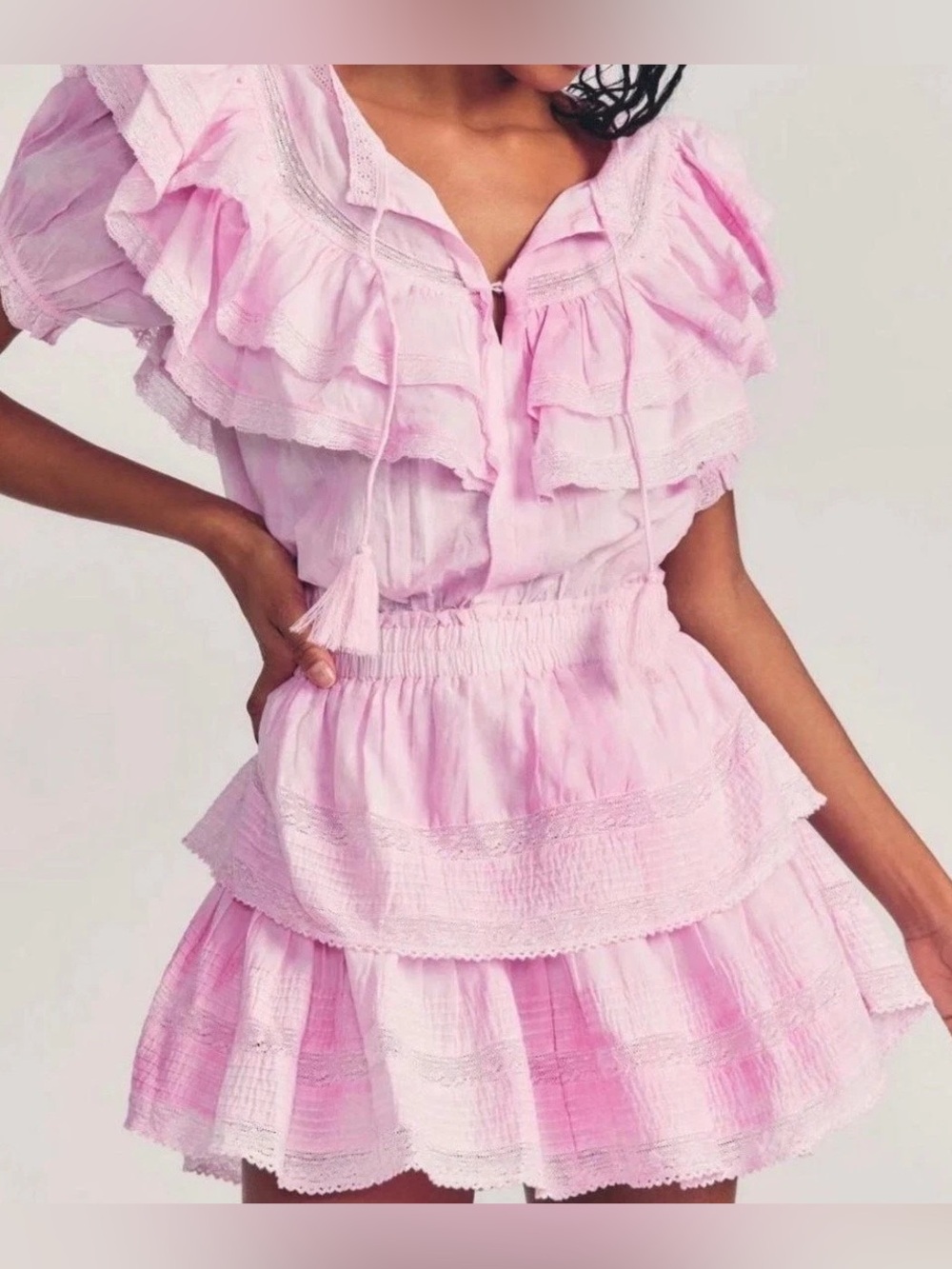 pink LoveShackFancy dress features ruffled sleeves Sz S